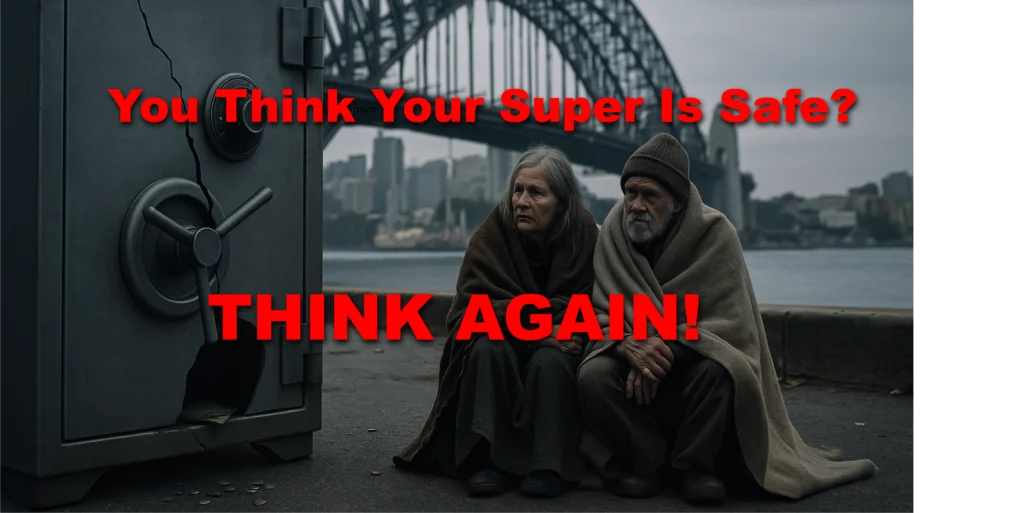 What Happens When Your Super Fund Fails? Cracked safe near the Sydney Harbour Bridge with an elderly couple beneath it and the text “You Think Your Super Is Safe? Think Again!”