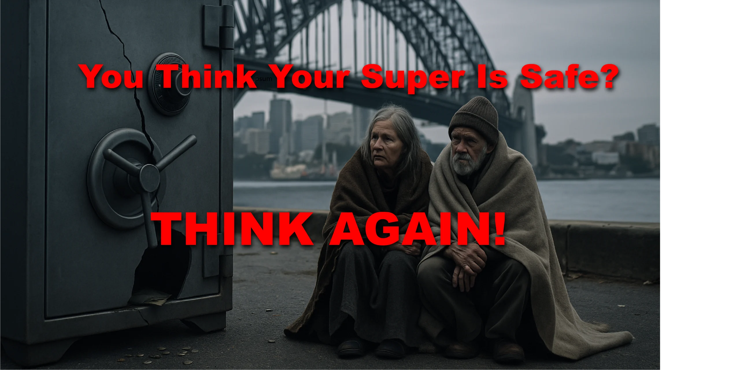 Cracked safe near the Sydney Harbour Bridge with an elderly couple beneath it and the text “You Think Your Super Is Safe? Think Again!”