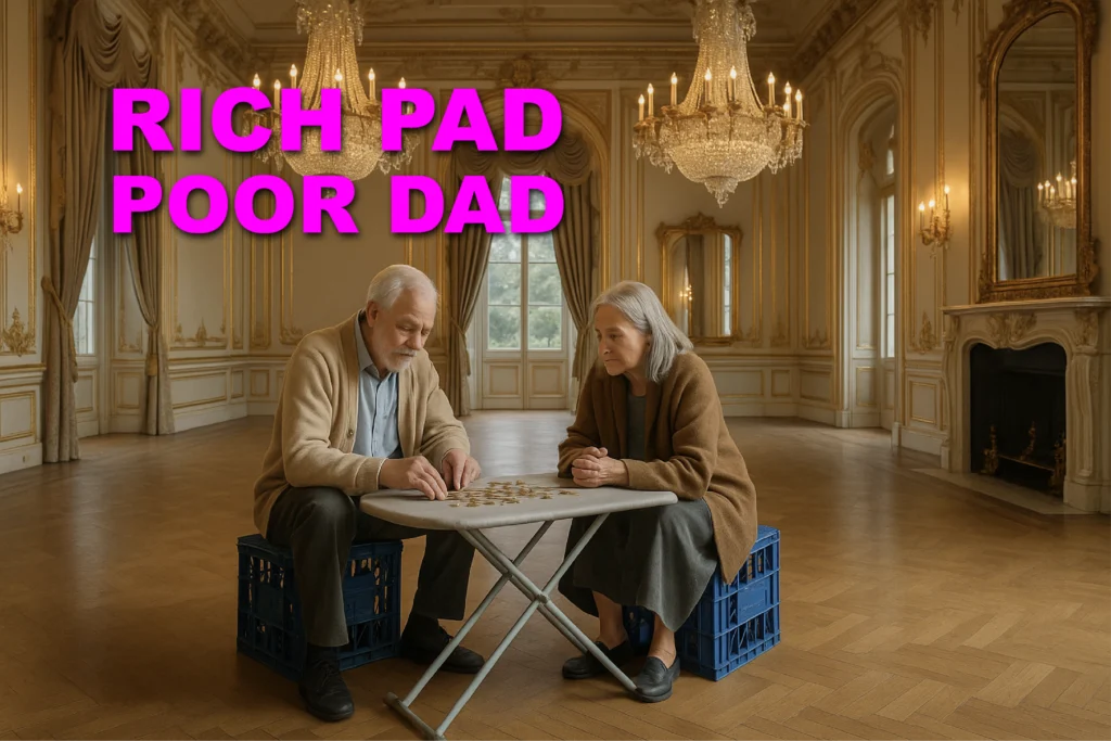 Why Australian Homeowners Are Retiring House Rich and Cash Poor Elderly couple counting coins on an ironing board inside a grand, empty mansion — highlighting retirement insecurity despite wealthy surroundings.