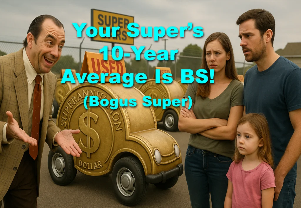 Dodgy salesman pitching a bogus superannuation coin car to a concerned family, highlighting misleading 10-year super averages.