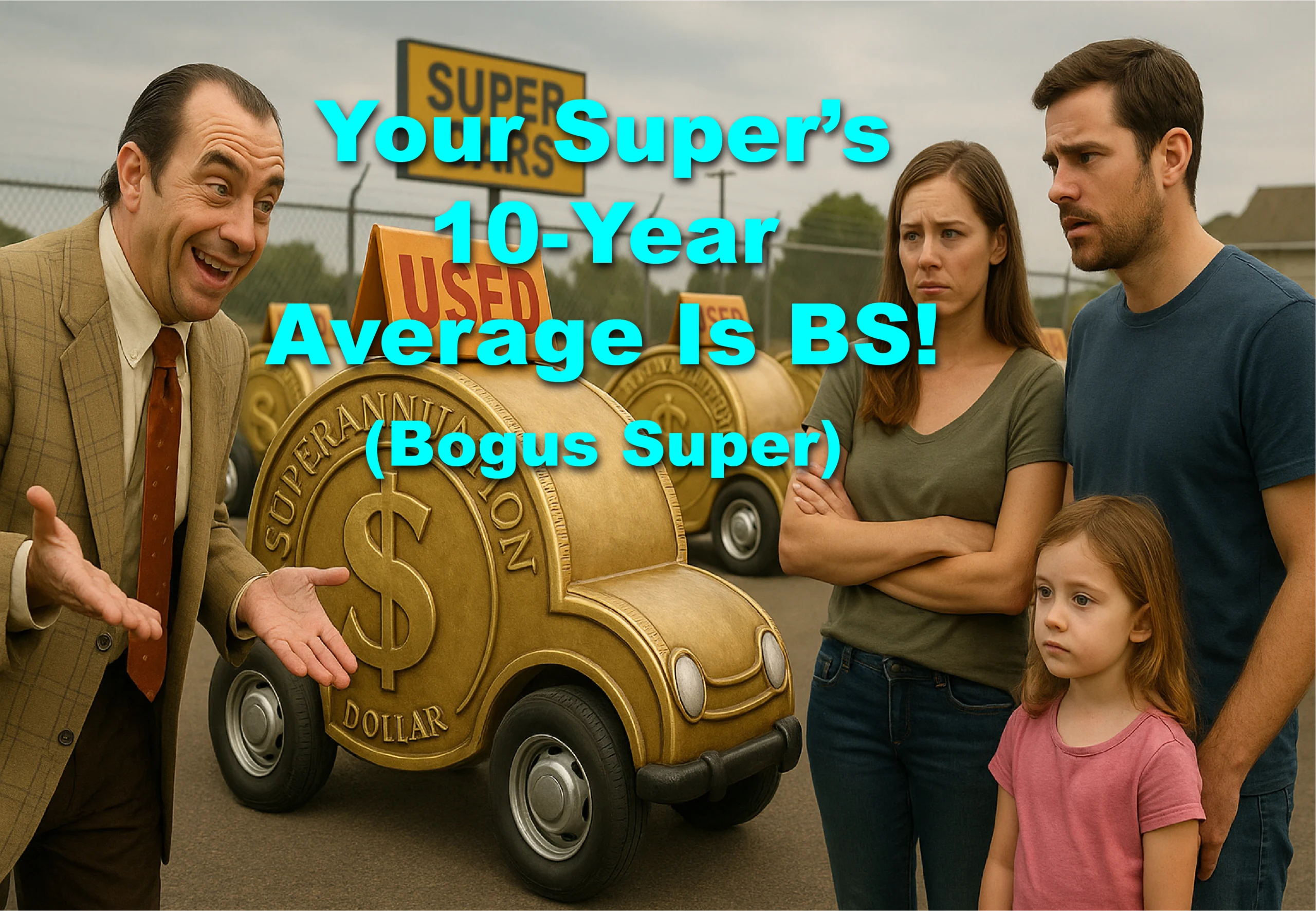 Dodgy salesman pitching a bogus superannuation coin car to a concerned family, highlighting misleading 10-year super averages.
